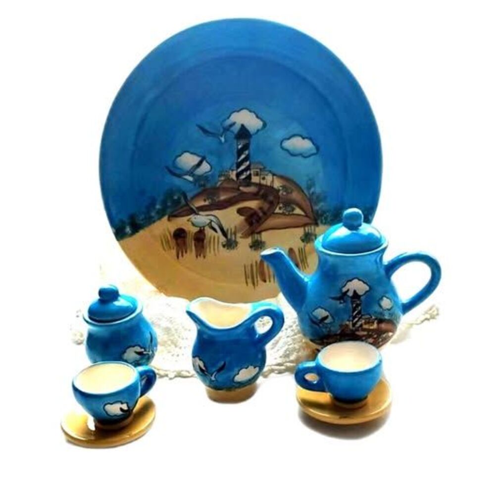 Vintage Nautical Lighthouse Child Tea Set 10 Pc Hand Painted Blue Gull Cottage
